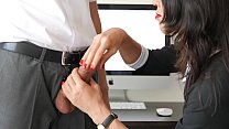 Hot Brunette Employee With Red Lipstick Jerks Off Cock Her Boss In Office